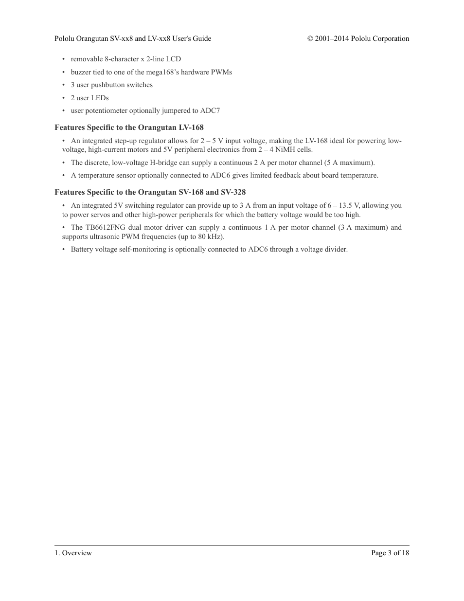 Features specific to the orangutan lv-168 | Pololu Orangutan LV-xx8 User Manual | Page 3 / 18