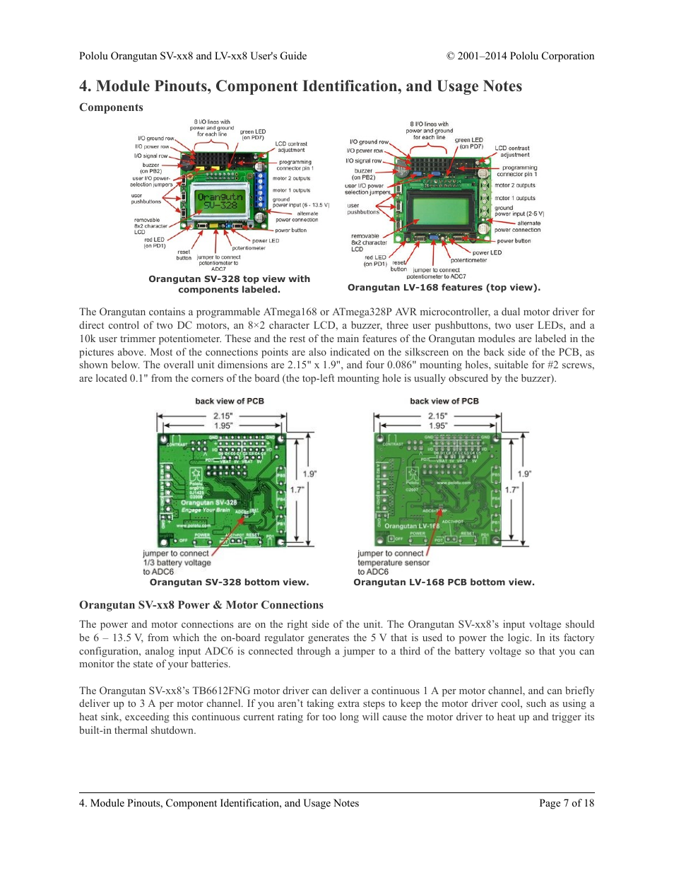 Components, Orangutan sv-xx8 power & motor connections | Pololu Orangutan LV-xx8 User Manual | Page 7 / 18