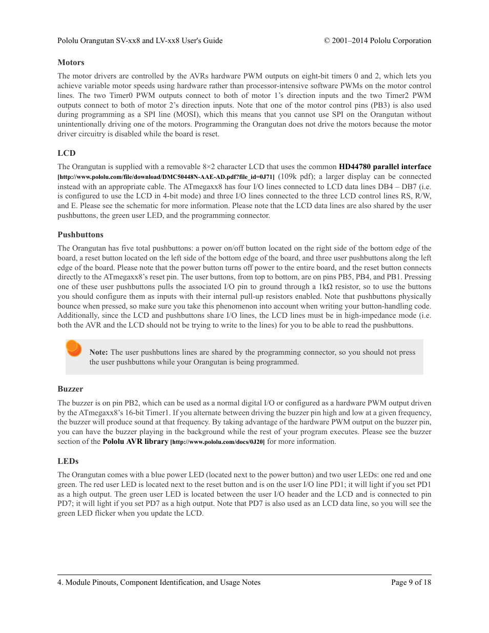Motors, Pushbuttons, Buzzer | Leds | Pololu Orangutan LV-xx8 User Manual | Page 9 / 18
