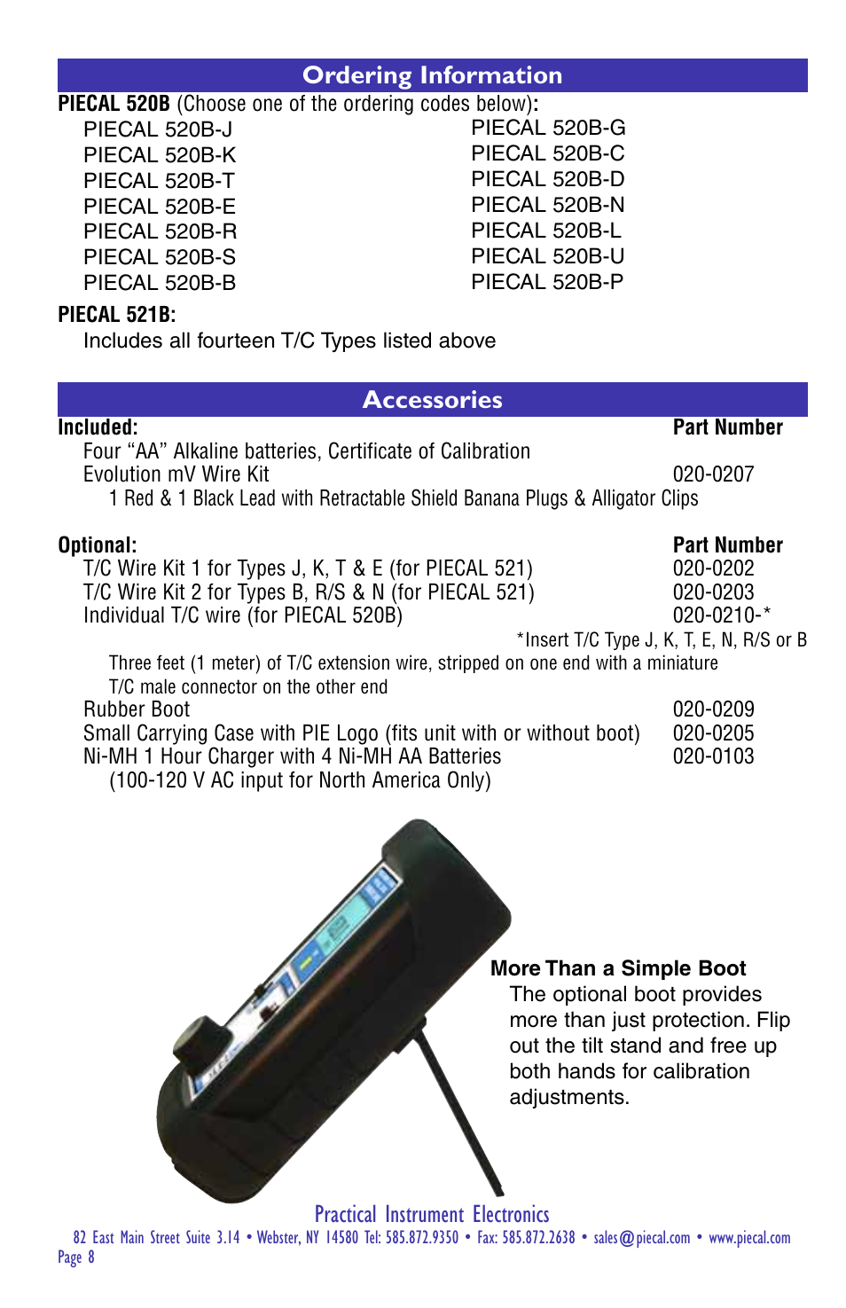 Practical instrument electronics, Accessories, Ordering information | Practical Instrument Electronics 520B User Manual | Page 8 / 8