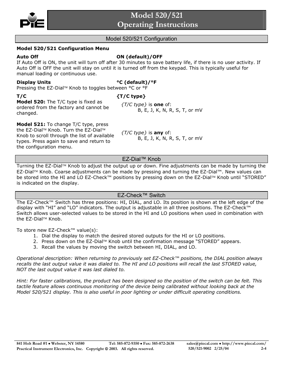 Model 520/521 configuration menu, Auto offon (default)/off, Display units°c \(default\)/°f | T/c{t/c type | Practical Instrument Electronics 521 User Manual | Page 2 / 4