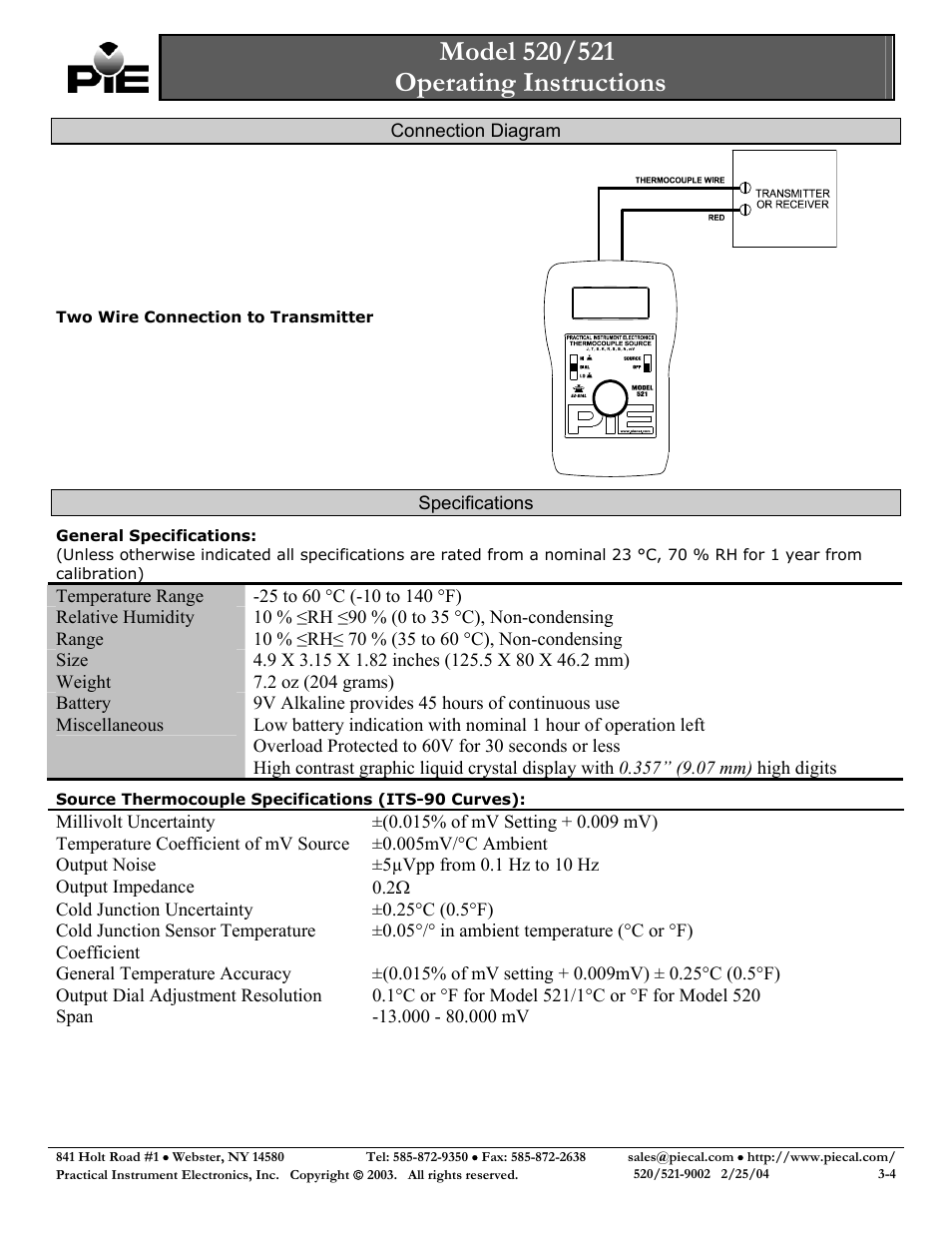General specifications, Source thermocouple specifications (its-90 curves) | Practical Instrument Electronics 521 User Manual | Page 3 / 4