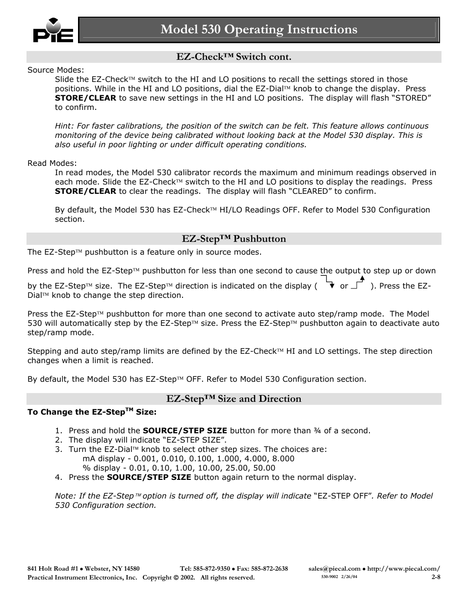 Model 530 operating instructions, Ez-check, Switch cont | Ez-step™ pushbutton, Ez-step™ size and direction | Practical Instrument Electronics 530 User Manual | Page 2 / 8