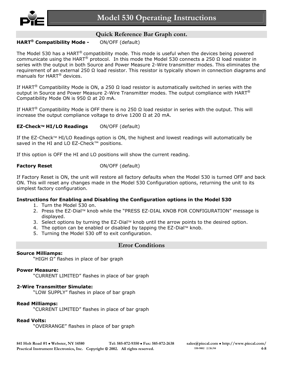 Model 530 operating instructions, Quick reference bar graph cont, Error conditions | Practical Instrument Electronics 530 User Manual | Page 4 / 8