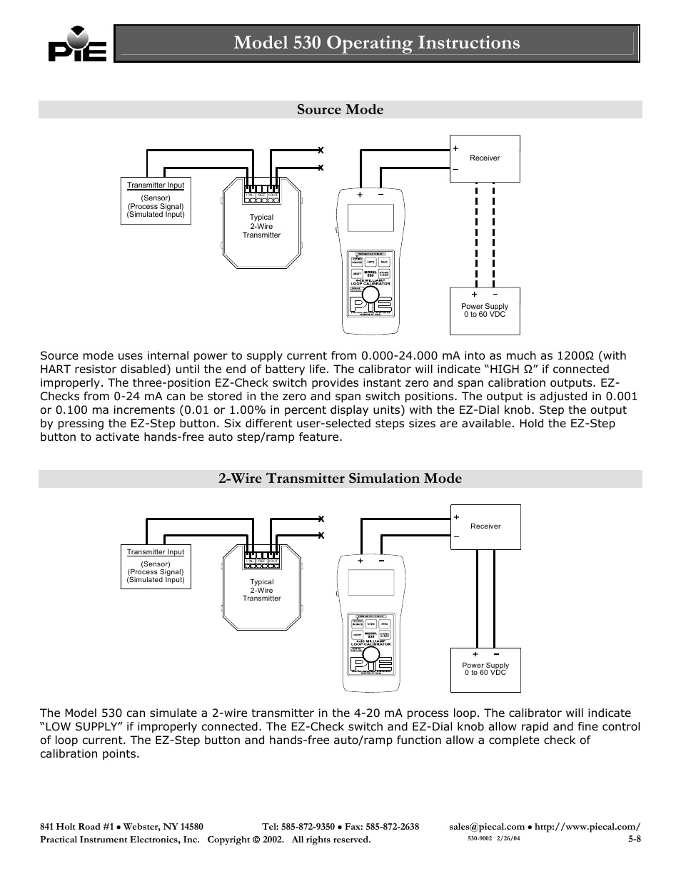 Model 530 operating instructions, Source mode, Wire transmitter simulation mode | Practical Instrument Electronics 530 User Manual | Page 5 / 8