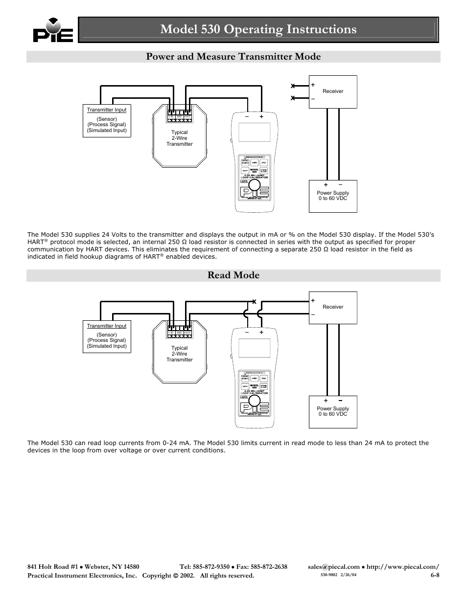 Model 530 operating instructions, Power and measure transmitter mode, Read mode | Practical Instrument Electronics 530 User Manual | Page 6 / 8