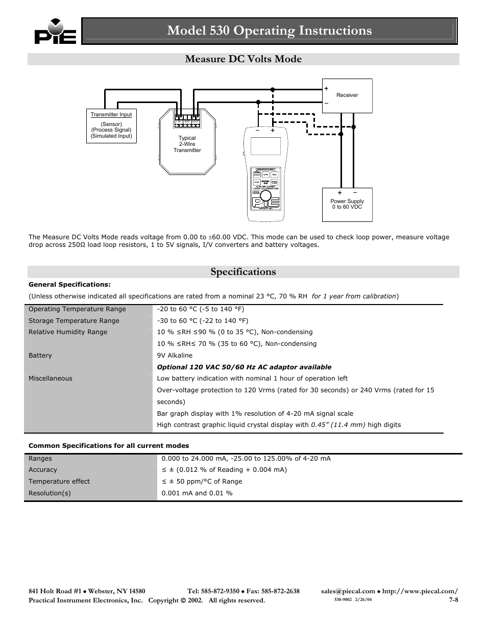 Model 530 operating instructions, Measure dc volts mode, Specifications | Practical Instrument Electronics 530 User Manual | Page 7 / 8