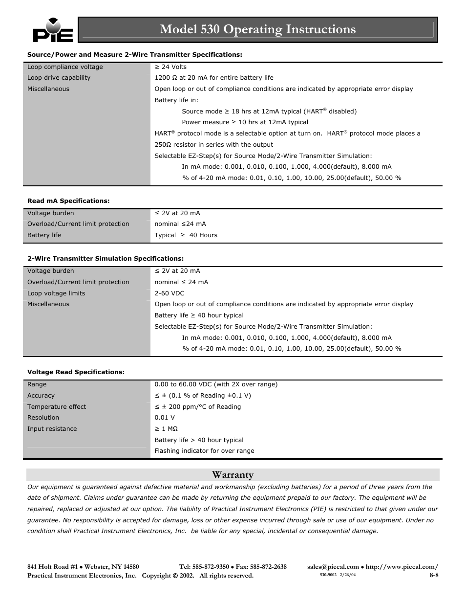 Model 530 operating instructions, Warranty | Practical Instrument Electronics 530 User Manual | Page 8 / 8