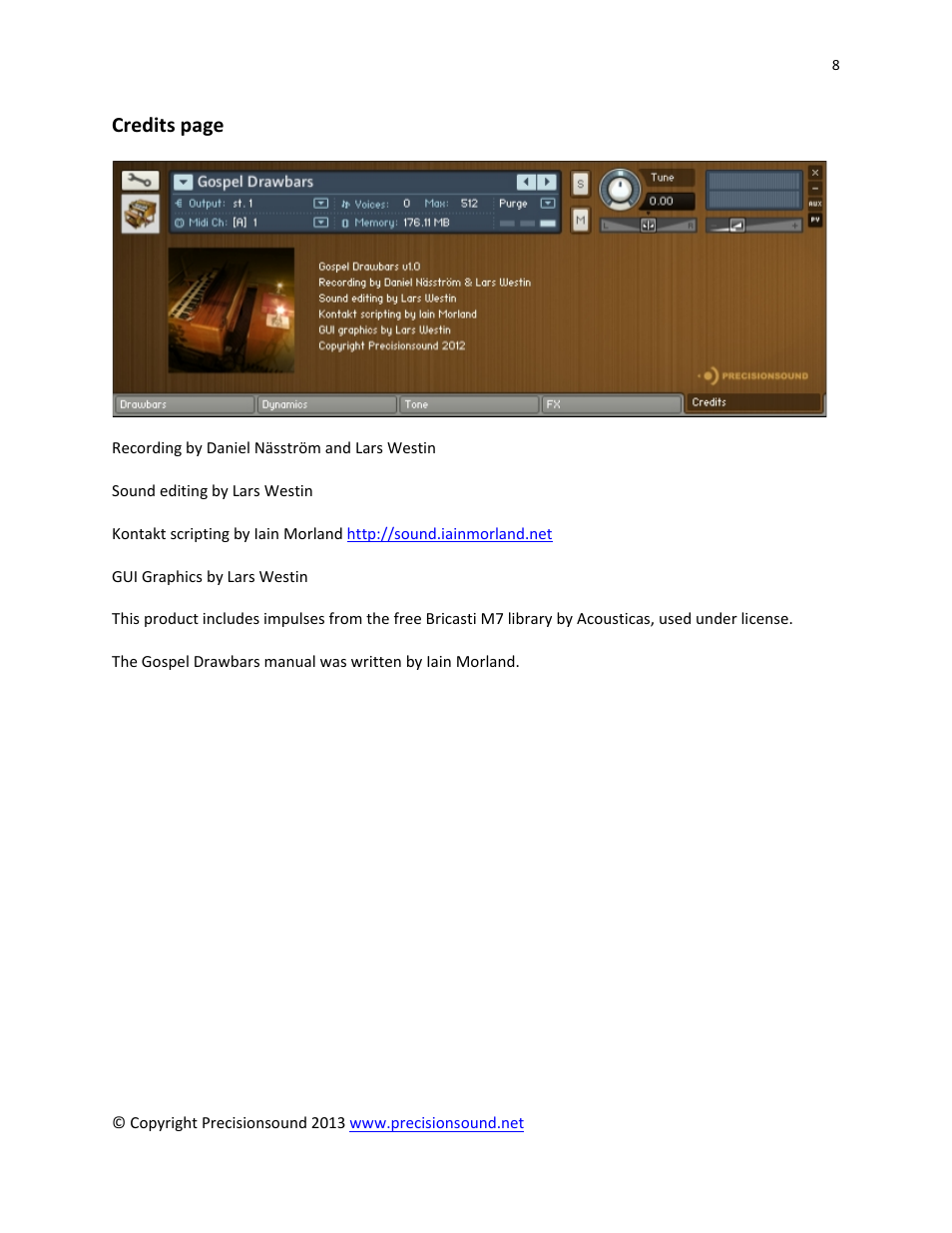 Credits page | Precisionsound Gospel Drawbars User Manual | Page 8 / 10