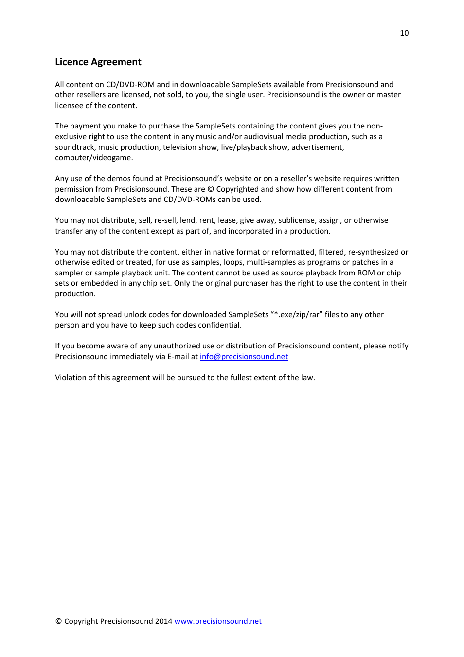 Licence agreement | Precisionsound Analog Performer SFX User Manual | Page 10 / 10