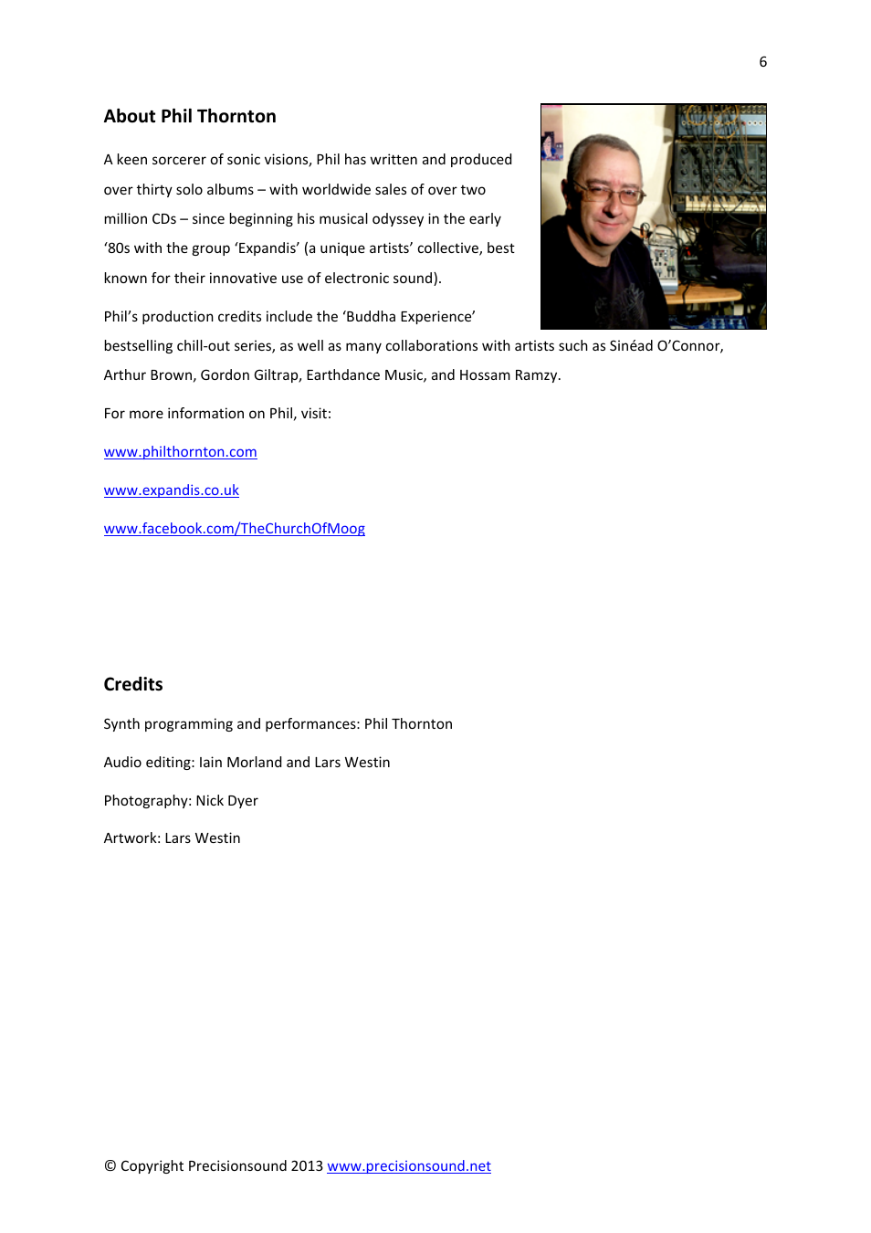 Credits, About phil thornton | Precisionsound Analog Performer NanoLoops User Manual | Page 6 / 7