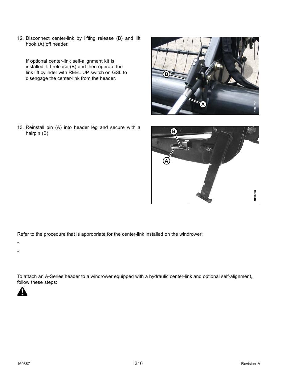 3attaching an a-series header, Attaching an a-series header, 3 attaching an a-series header | Danger | MacDon M205 Operators Manual User Manual | Page 232 / 482