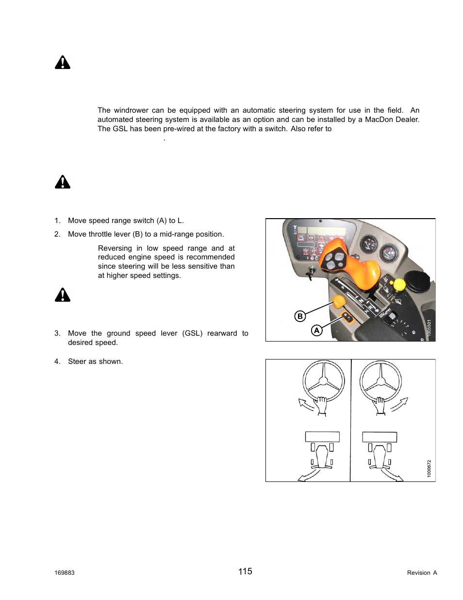 Driving in reverse in cab-forward mode, Caution, Warning | MacDon M155 Operators Manual User Manual | Page 131 / 458