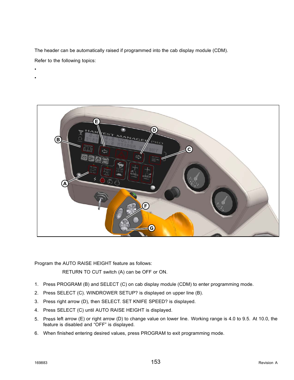 Auto raise height, Programming auto raise height feature, Operation auto raise height | MacDon M155 Operators Manual User Manual | Page 169 / 458
