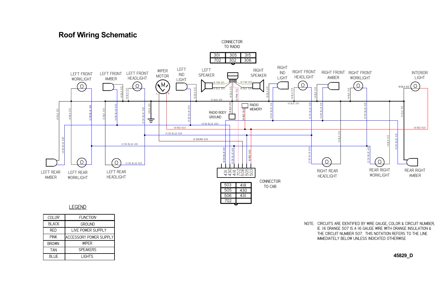 Roof wiring schematic, Legend, Connector to cab | MacDon 9352i SP User Manual | Page 151 / 155