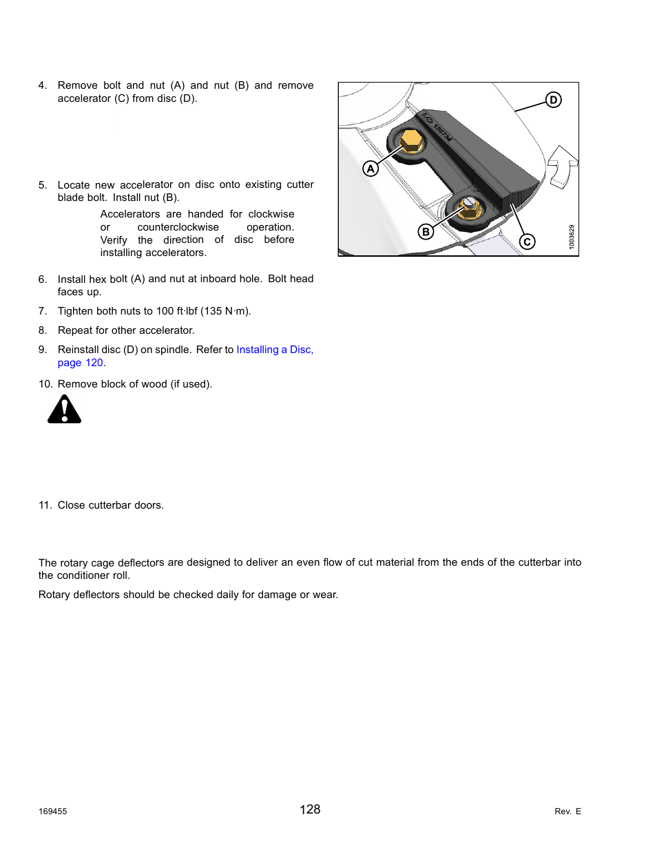 6rotary deflectors, Rotary deflectors, Important | Warning | MacDon R85 Rotary Disc 13 Foot Self-Propelled Windrower Header User Manual | Page 136 / 168