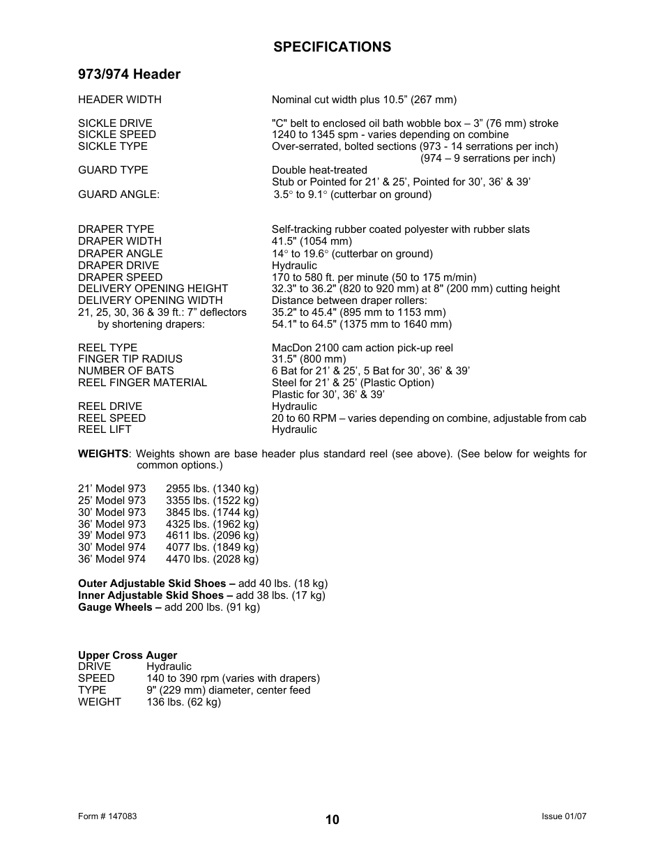 Specifications | MacDon 974 FlexDraper User Manual | Page 12 / 95