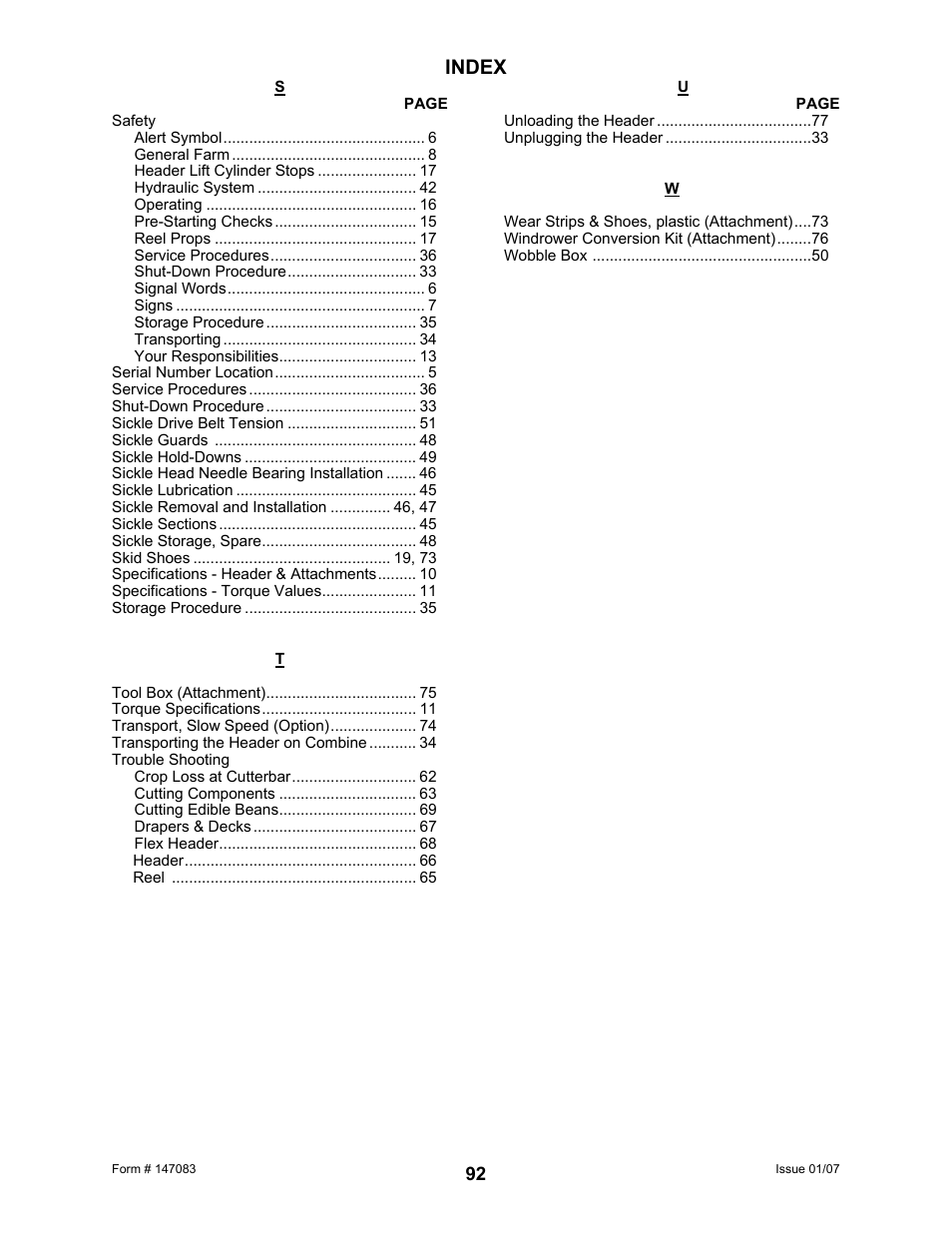Index | MacDon 974 FlexDraper User Manual | Page 94 / 95