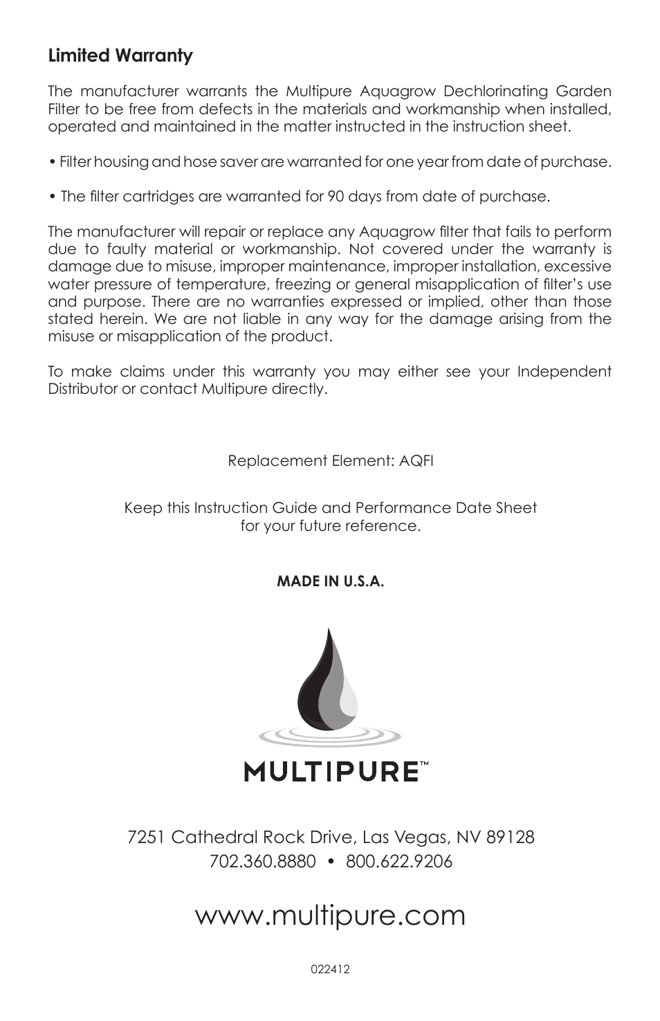 Limited warranty | Purenex Aquagrow User Manual | Page 4 / 4