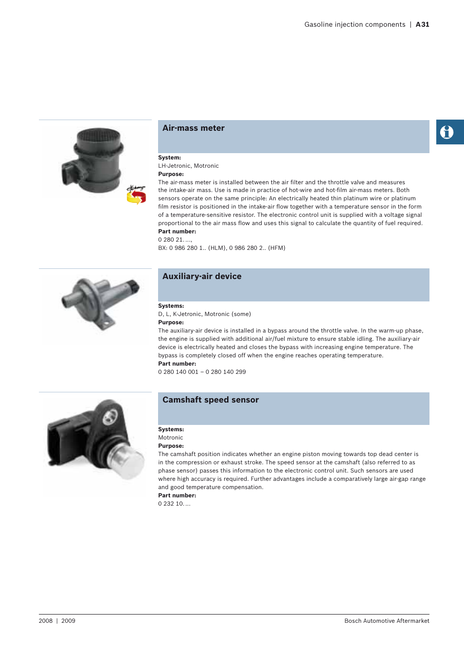 Air-mass meter, Auxiliary-air device, Camshaft speed sensor | Bosch 2008 User Manual | Page 33 / 75