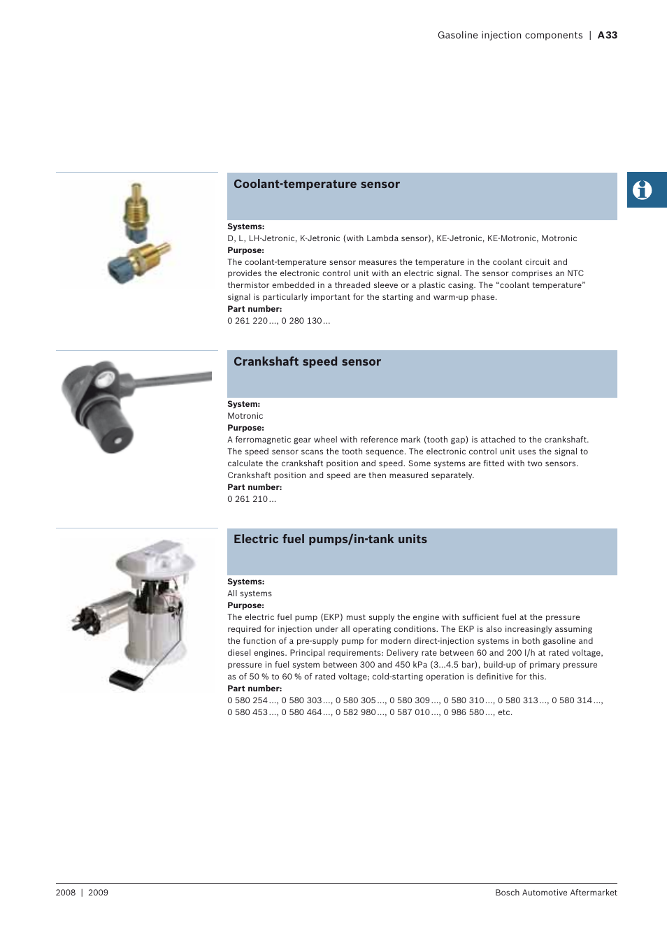 Coolant-temperature sensor, Crankshaft speed sensor, Electric fuel pumps/in-tank units | Bosch 2008 User Manual | Page 35 / 75