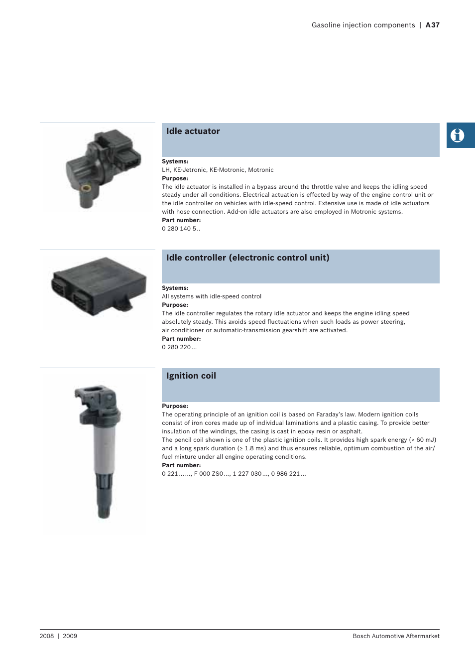 Idle actuator, Idle controller (electronic control unit), Ignition coil | Bosch 2008 User Manual | Page 39 / 75