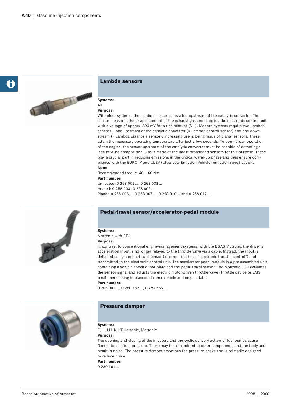 Lambda sensors, Pedal-travel sensor/accelerator-pedal module, Pressure damper | Bosch 2008 User Manual | Page 42 / 75