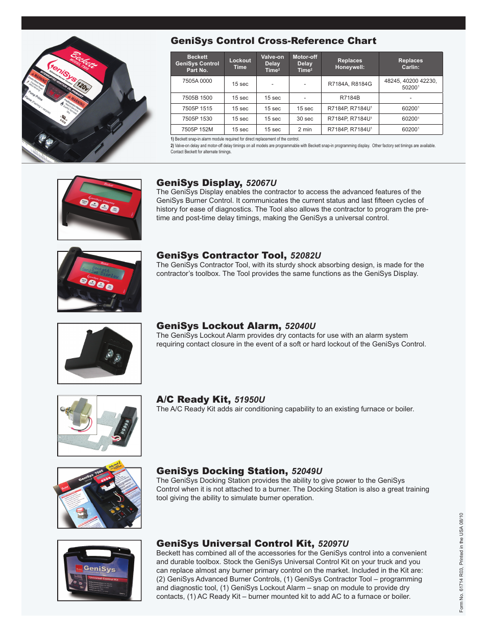 Genisys contractor tool, Genisys lockout alarm, A/c ready kit | Genisys docking station, Genisys universal control kit | Beckett GENISYS 52040 User Manual | Page 2 / 2