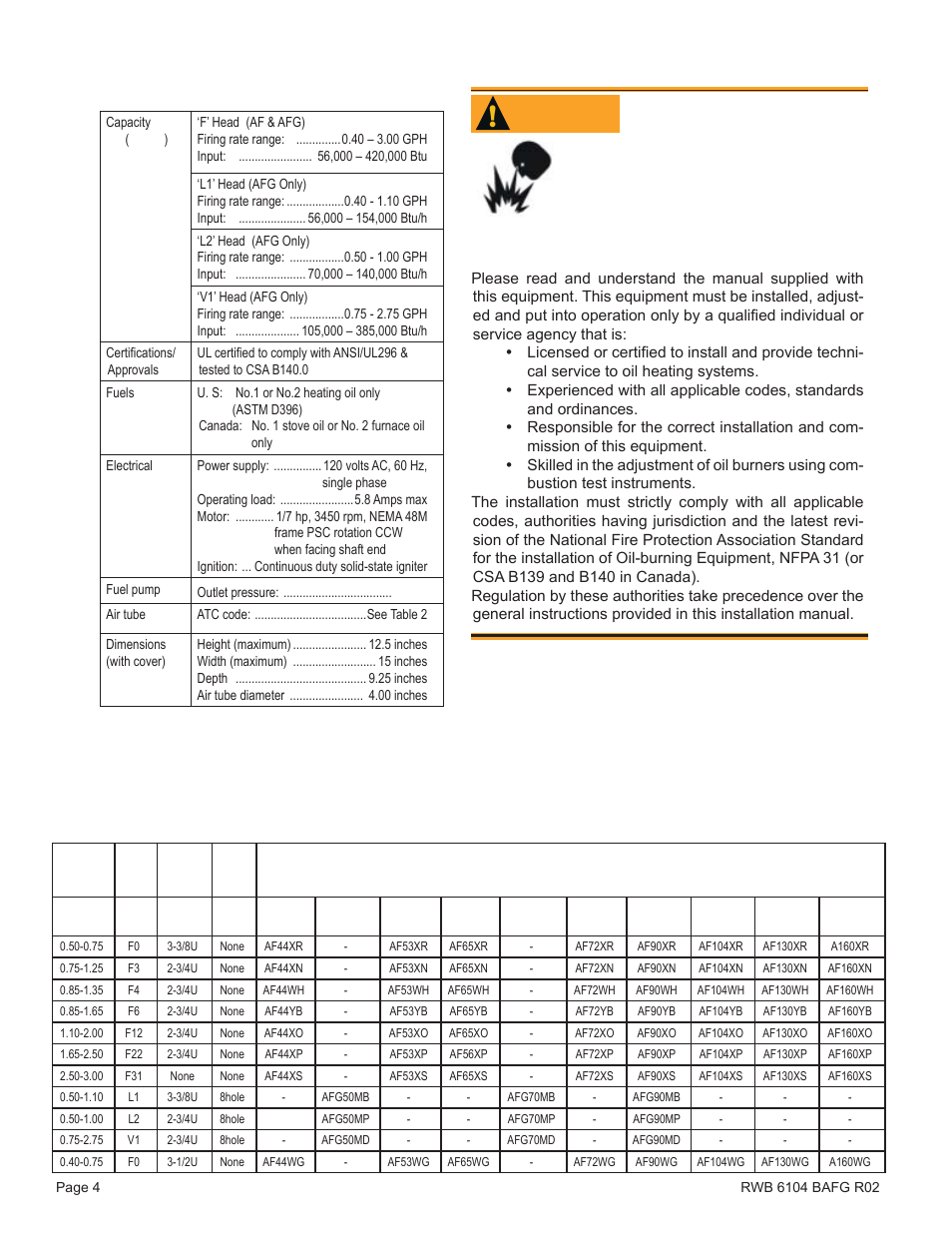 General specifi cations, Warning, Table 1 – burner specifi cations | Table 2 – air tube combination (atc) codes, Professional service required | Beckett AFG User Manual | Page 4 / 16