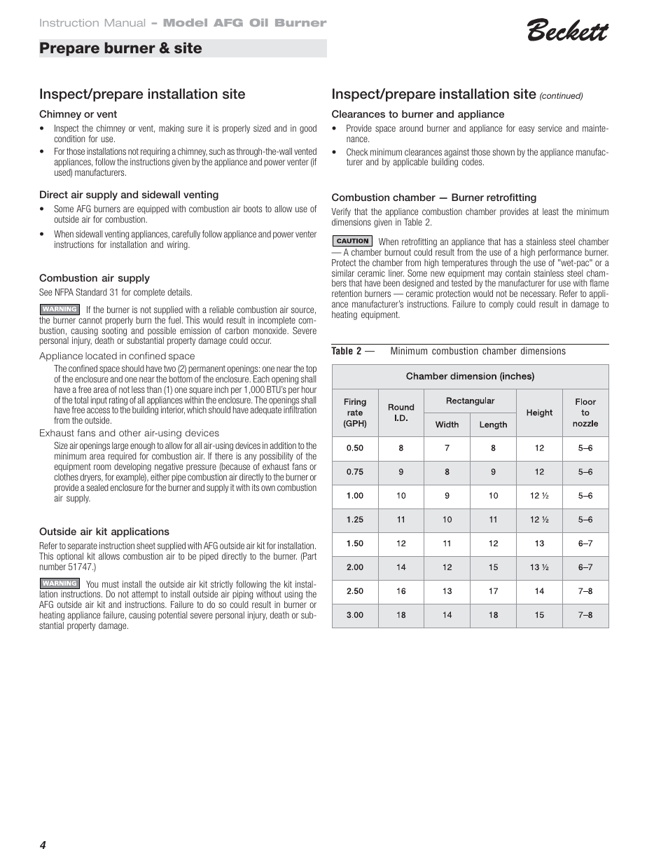 Prepare burner & site, Inspect/prepare installation site | Beckett AFG Oil Burner User Manual | Page 4 / 12
