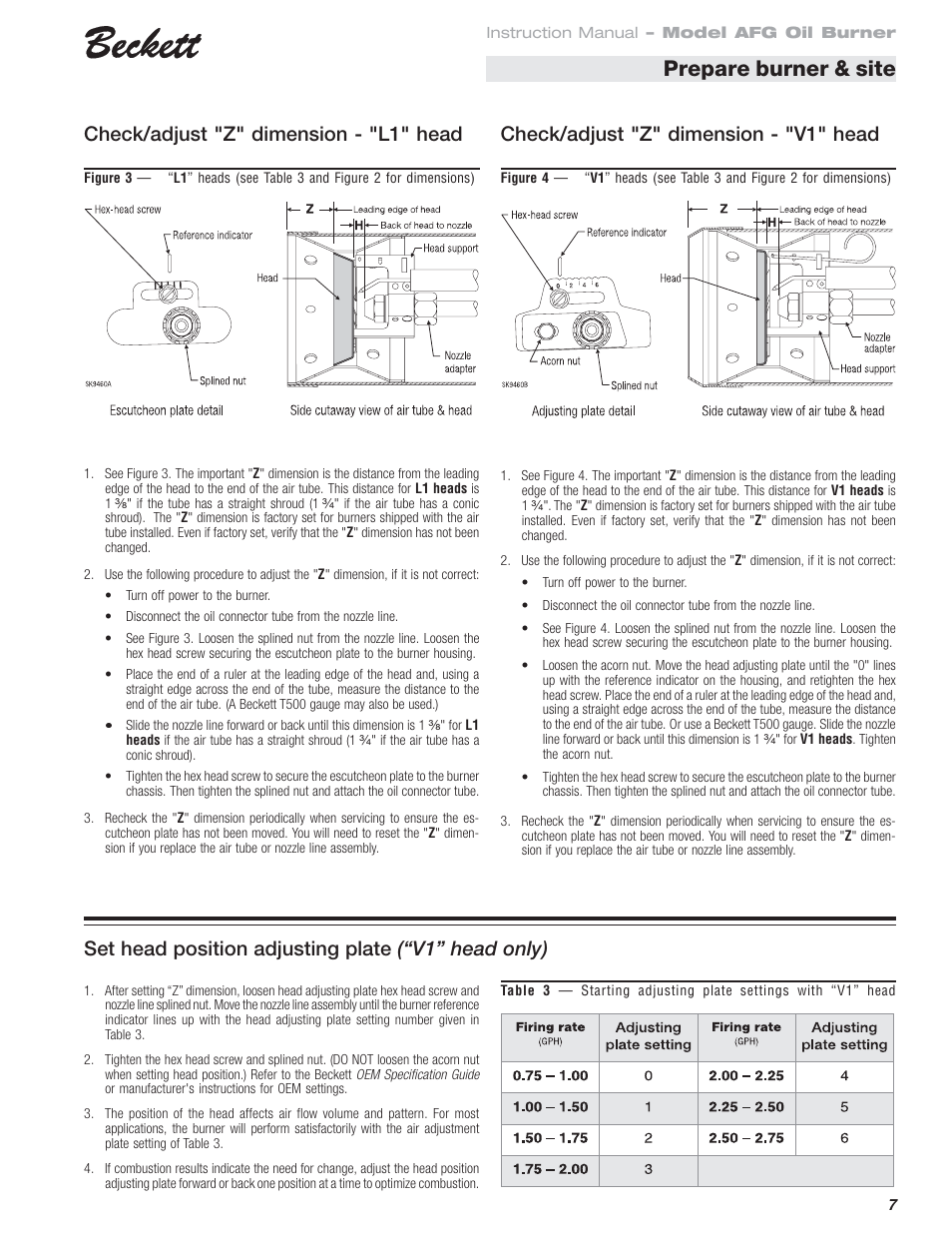 Prepare burner & site, Set head position adjusting plate (“v1” head only) | Beckett AFG Oil Burner User Manual | Page 7 / 12
