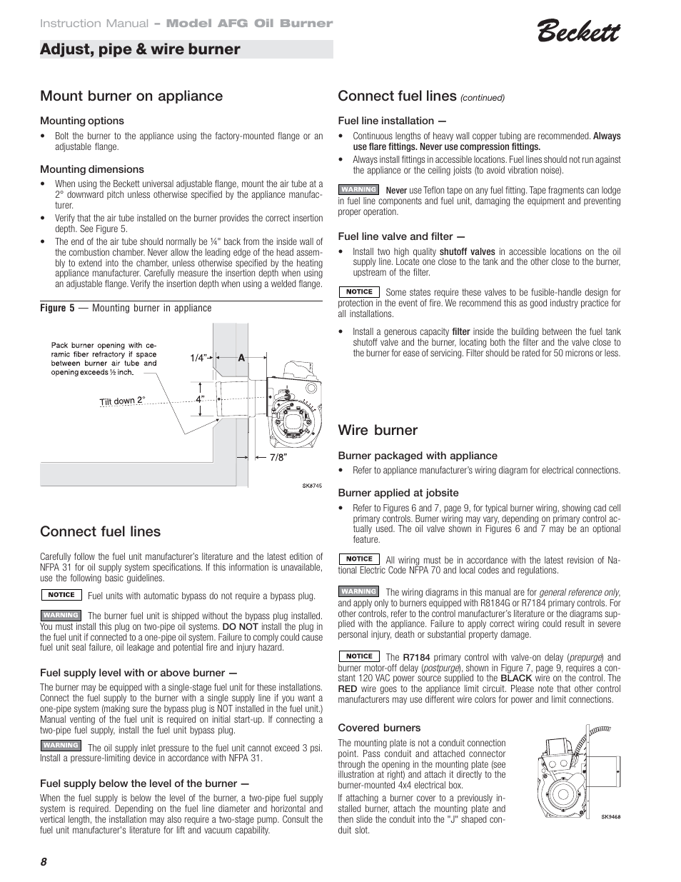 Adjust, pipe & wire burner, Wire burner, Mount burner on appliance connect fuel lines | Connect fuel lines | Beckett AFG Oil Burner User Manual | Page 8 / 12