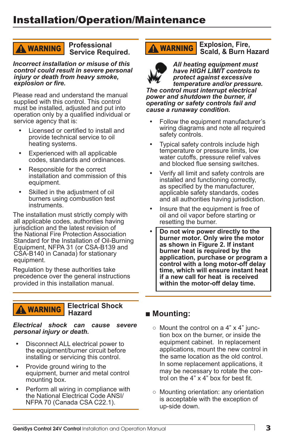 Installation/operation/maintenance, Warning, Mounting | Beckett GENISYS 7559 User Manual | Page 3 / 8