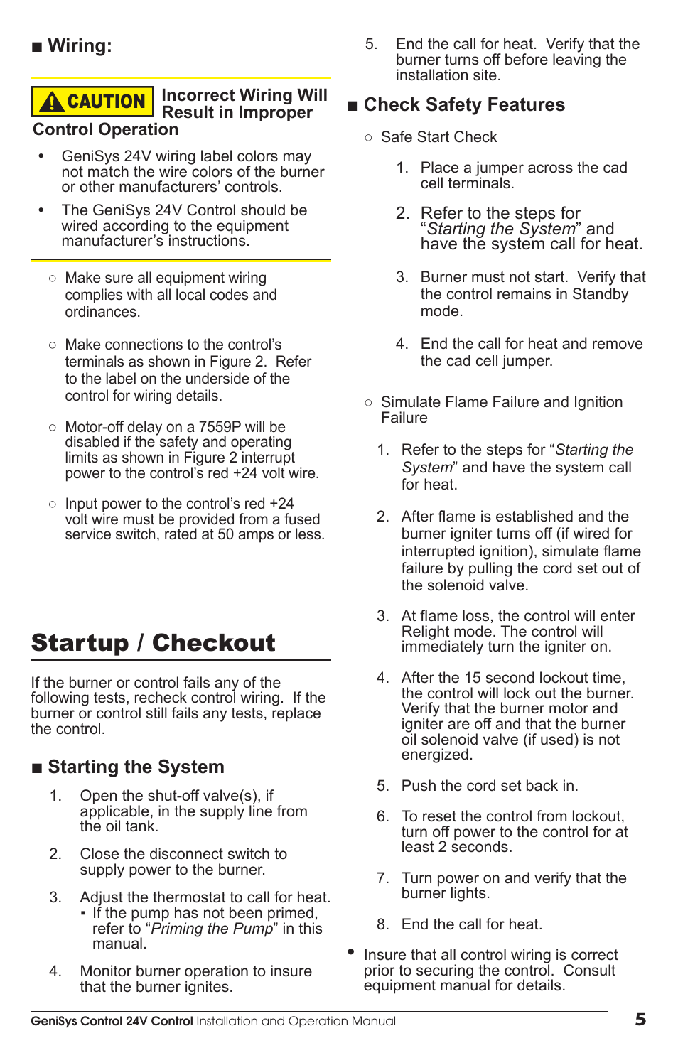 Startup / checkout, Caution, Starting the system | Wiring, Check safety features | Beckett GENISYS 7559 User Manual | Page 5 / 8