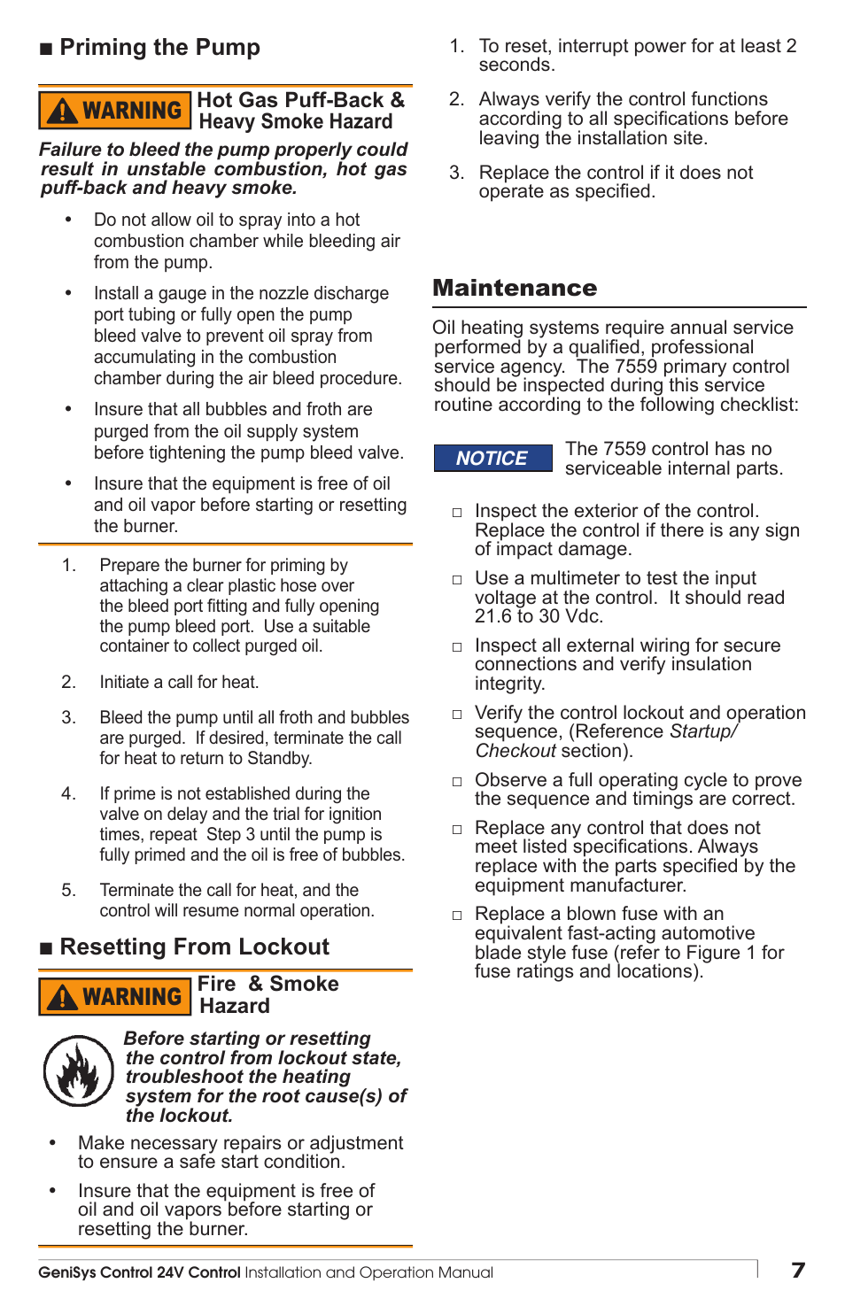 Warning, Priming the pump, Resetting from lockout | Maintenance | Beckett GENISYS 7559 User Manual | Page 7 / 8