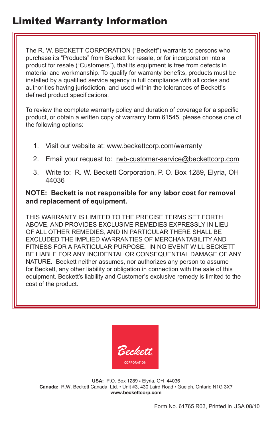 Limited warranty information | Beckett GENISYS 7559 User Manual | Page 8 / 8