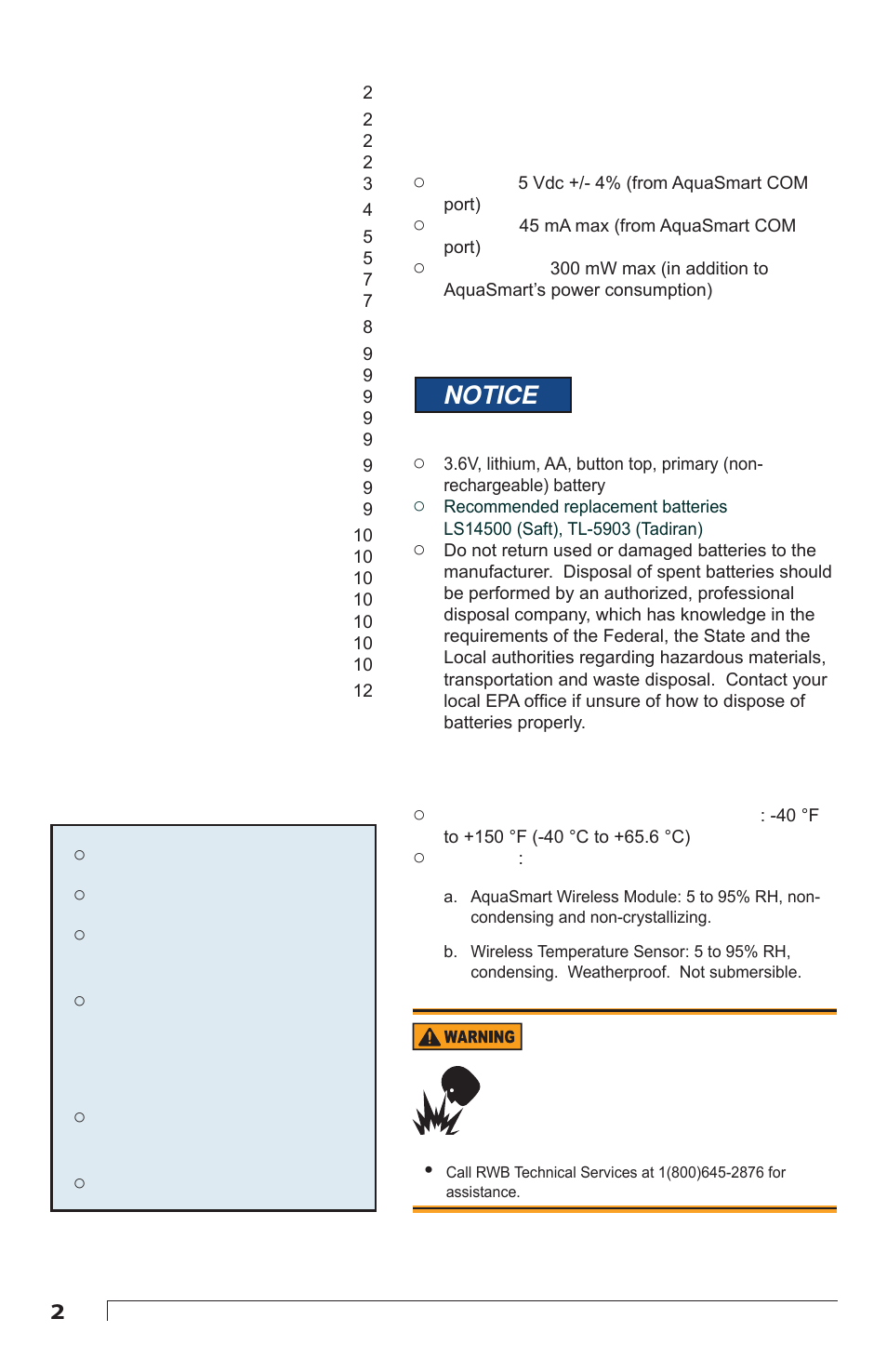 Features table of contents, Technical specifi cations, Electrical ratings | Environmental ratings, Notice | Beckett AQUASMART 7600WTM User Manual | Page 2 / 12