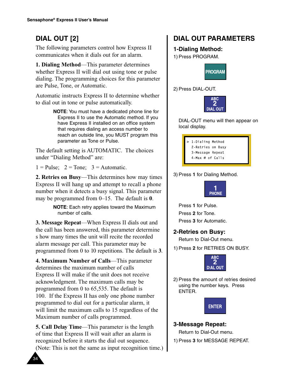 Dial out [2, Dial out, Dial out parameters | Sensaphone Express II User Manual | Page 36 / 94