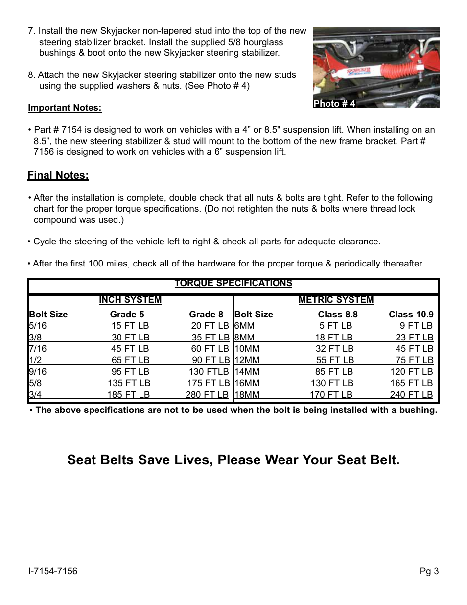 Seat belts save lives, please wear your seat belt | Skyjacker 7156 User Manual | Page 3 / 4