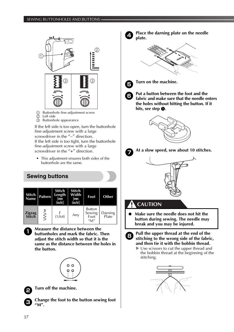 Sewing buttons, Caution | Brother 885-X16 User Manual | Page 38 / 104