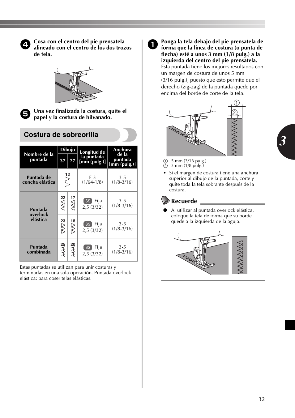 Costura de sobreorilla, Recuerde | Brother 885-X16 User Manual | Page 83 / 104