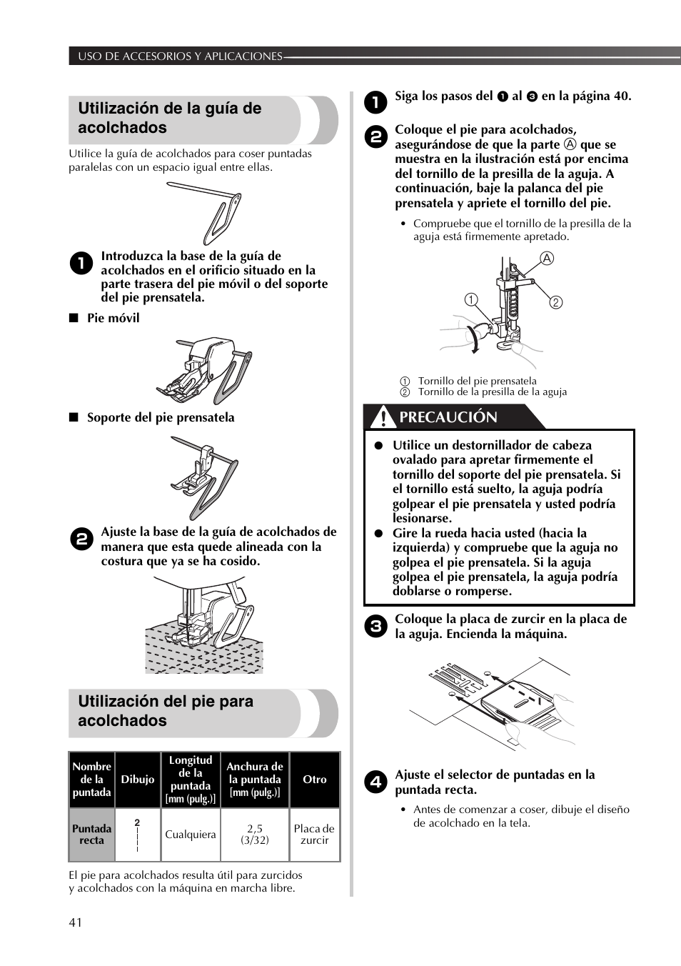 Utilización de la guía de acolchados, Utilización del pie para acolchados, Precaución | A1 2 | Brother 885-X16 User Manual | Page 92 / 104
