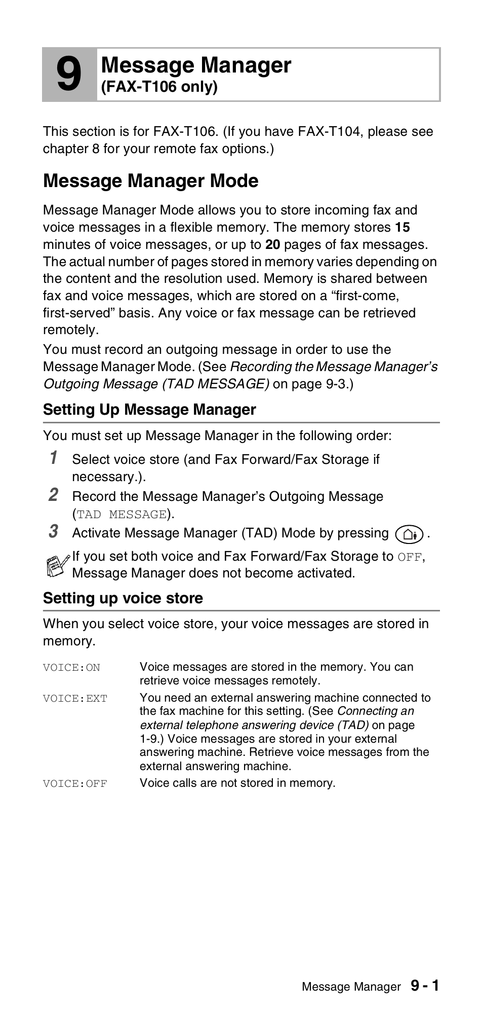 Message manager (fax-t106 only), Message manager mode, Setting up message manager | Setting up voice store, Message manager, Fax-t106 only), Message manager mode -1 | Brother FAX-T104 Series User Manual | Page 81 / 120