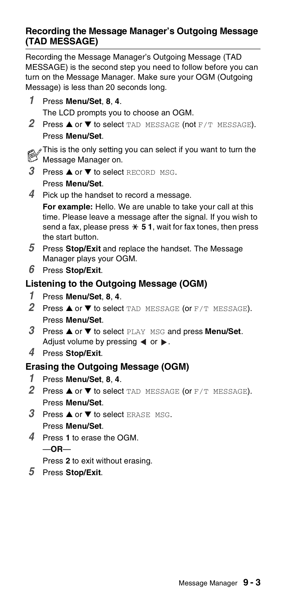Recording the message manager’s outgoing, Message (tad message) -3 | Brother FAX-T104 Series User Manual | Page 83 / 120