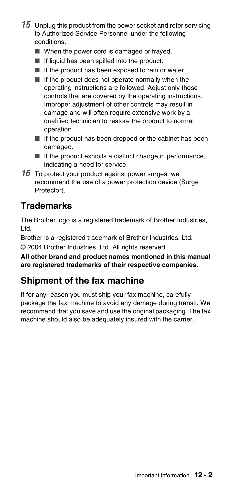 Trademarks, Shipment of the fax machine, Trademarks -2 shipment of the fax machine -2 | Brother FAX-T104 Series User Manual | Page 97 / 120