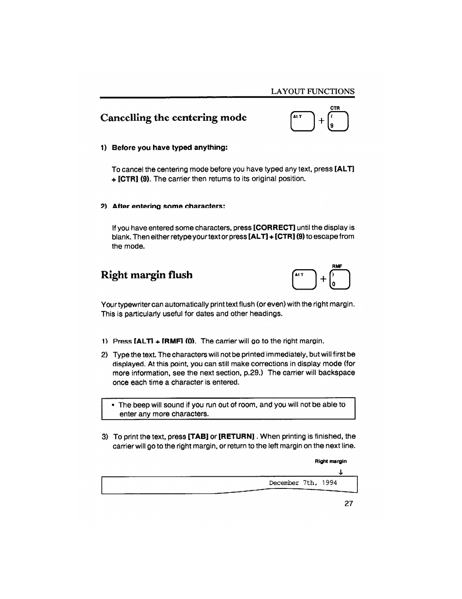 Cancelling the centering mode, Right margin flush | Brother SX-4000 User Manual | Page 29 / 54