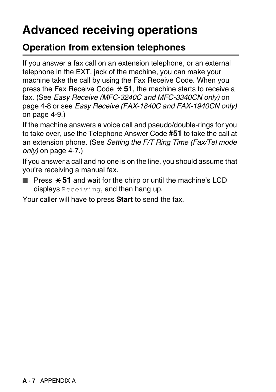 Advanced receiving operations, Operation from extension telephones | Brother FAX-1940CN User Manual | Page 179 / 231