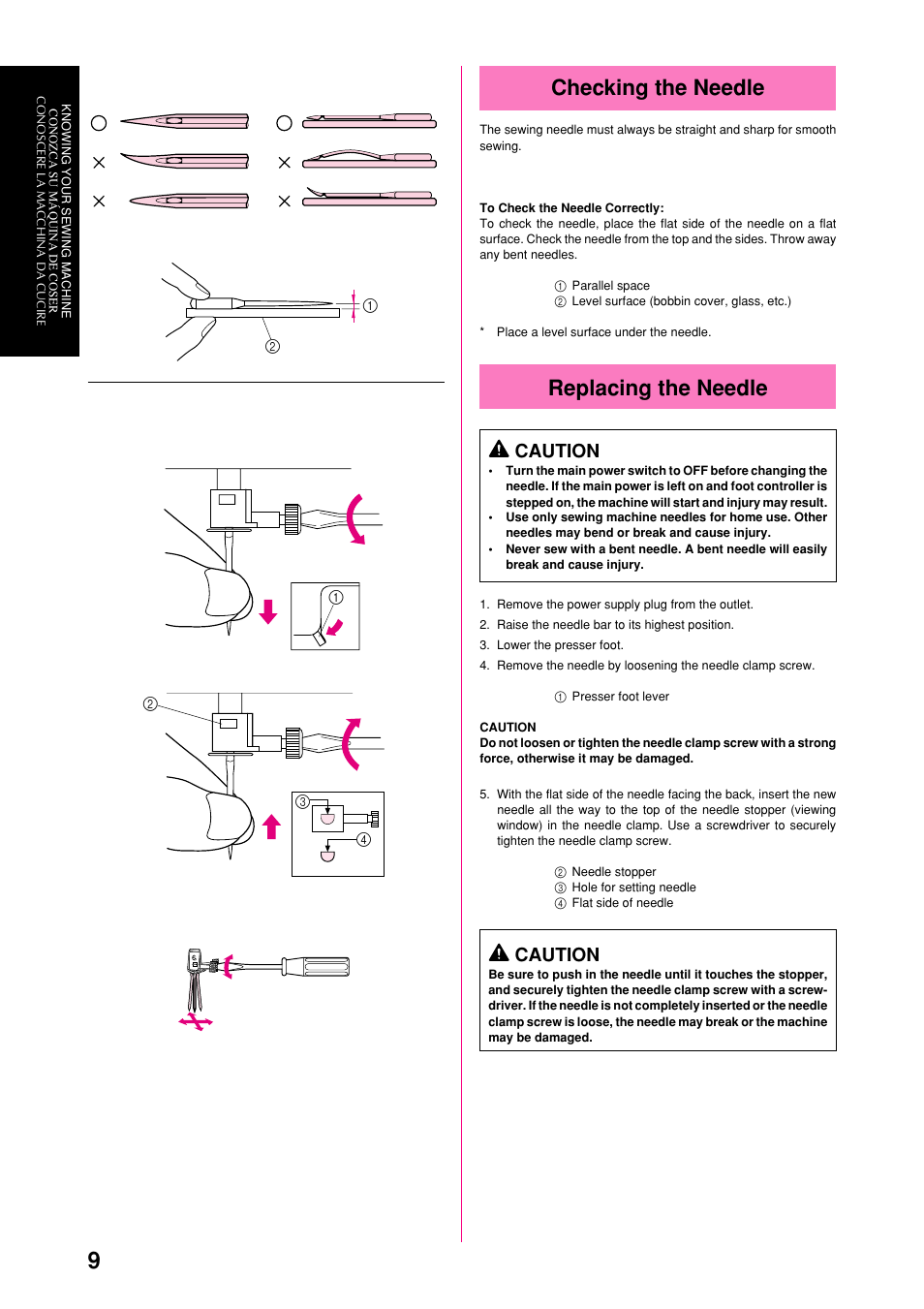 Checking the needle, Replacing the needle, Caution | Brother XL-6063 User Manual | Page 20 / 101