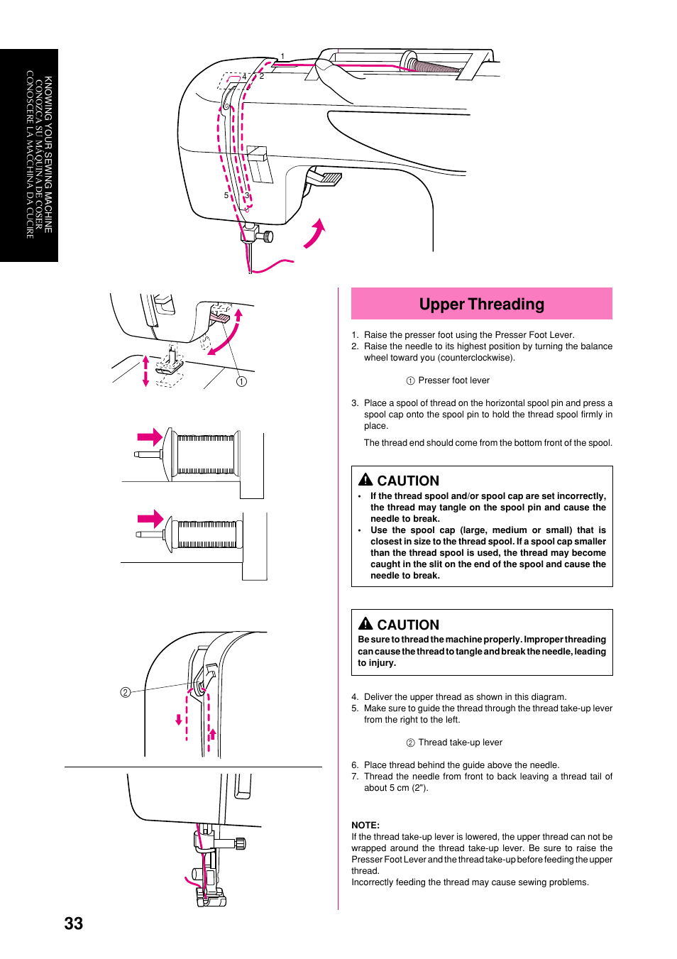 Upper threading, Caution | Brother XL-6063 User Manual | Page 44 / 101