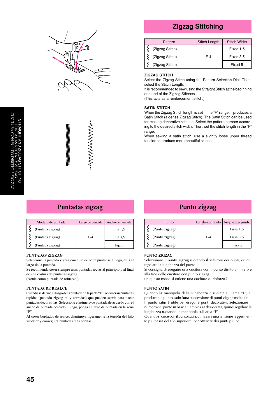 Zigzag stitching, Punto zigzag, Puntadas zigzag | Brother XL-6063 User Manual | Page 56 / 101